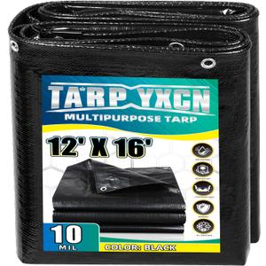 Black Tarp 12x16 Feet, 10 Mil Thick Waterproof Poly Tarps Cover UV Resistant, Rip & Tear Proof with Metal Grommets Every 20 Inches