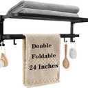 Towel Racks for Bathroom, Foldable Towel Shelf with Towel Bar & 7 Towel Hooks, Rustproof Double Bath Towel Holder Wall Mounted Towel Storage Hanger for Bathroom/Balcony/Lavatory(24In Black)