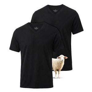 SUNCHIRI 2 Pack Merino Wool T Shirts for Men, Merino Wool V-Neck 100% Wool Base Layer, Breathable Undershirt for Travel, Fitness(Black, XXL)