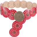 WERFORU Women Wide Western Disc Belt Cowgirl Boho Leather Belt for Jeans Dress (Red)