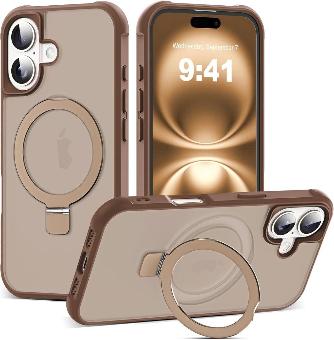 Compatible with iPhone 16 Case with Invisible Magnetic O-Ring Stand Military-Grade Translucent Case for iPhone 16 6.1" [Compatible with Mag-Safe][Great Grip Feeling], Desert Brown
