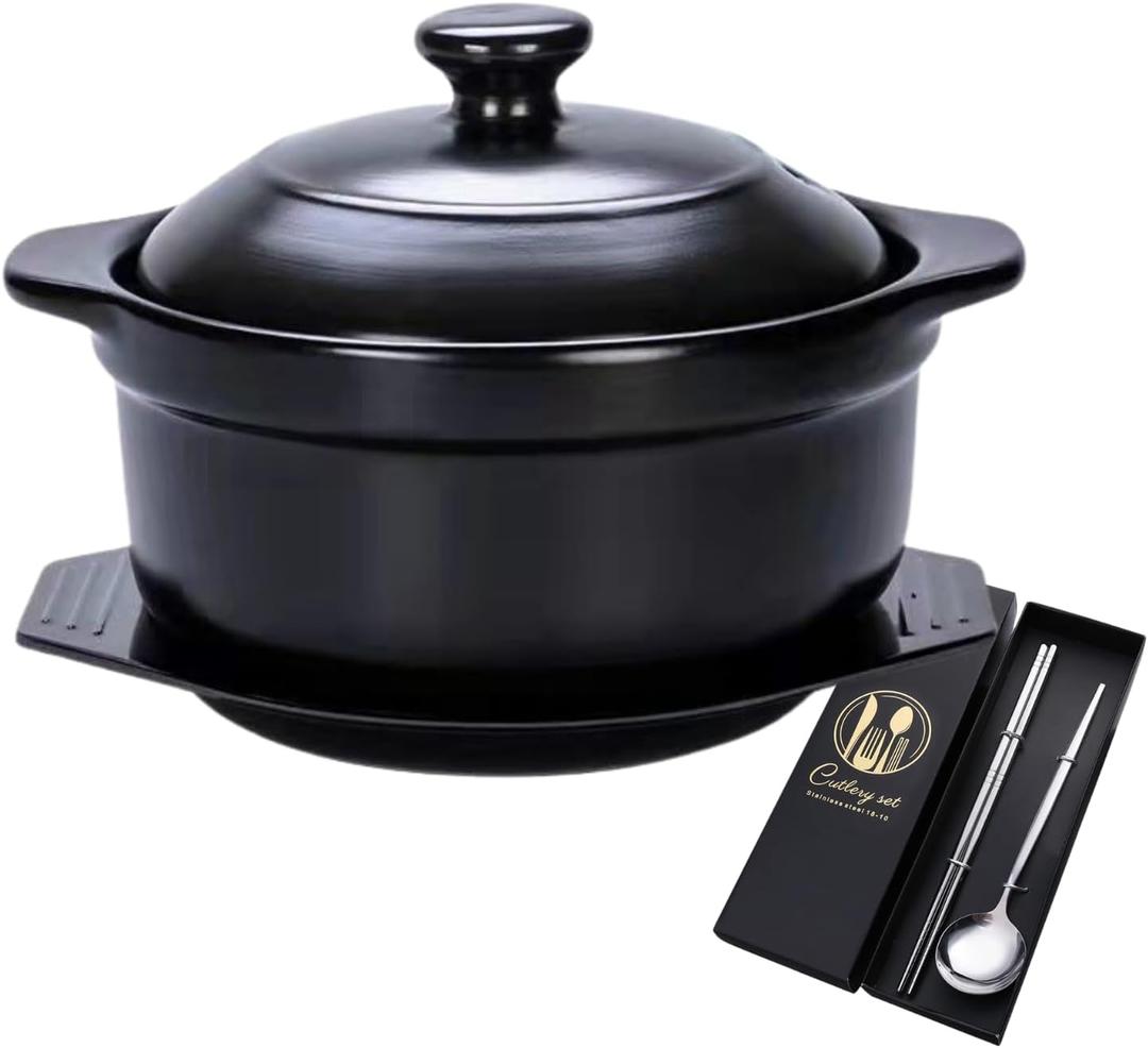 Korean Stone Pot, Ceramic Sizzling Hot Pot for Bibimbap Korean Stone Bowl with Lid and Trivet 40 oz Clay Pot for Cooking, Korean Cooking Pot, 1200ml, Black