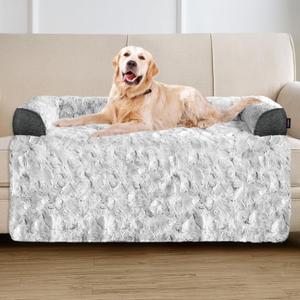 Calming Extra Large Dog Bed for Couch, 45 x 37 inch Removable Couch Cover for Dogs Washable, Non-Slip Fluffy Plush Dog Sofa Mat for Furniture Protector - Grey