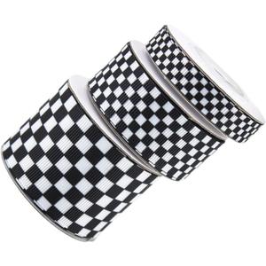 3 Rolls DIY Craft Ribbon Black White Plaid Versatile Satin for Wrapping Flower Bouquets Present Boxes