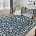 LIVEBOX Washable Area Rug 8x10 - Large Blue Boho Living Room Rug Vintage Rugs for Bedroom, Non-Slip Retro Floral Carpet Print Distressed Accent Rugs for Dining Room Home Office