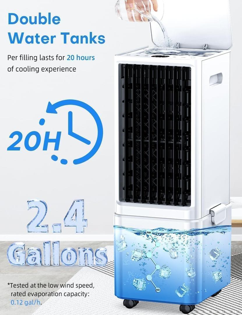 Windowless Air Conditioner w/4 Modes& 3 Speeds, Waterless Alert, 2.4-Gal Tank for 20H Cooling, 12H Timer, 2 Ice Pack,Remote, 70° Auto Swing Evaporative Air Cooler, Portable AC Unit for Bedroom