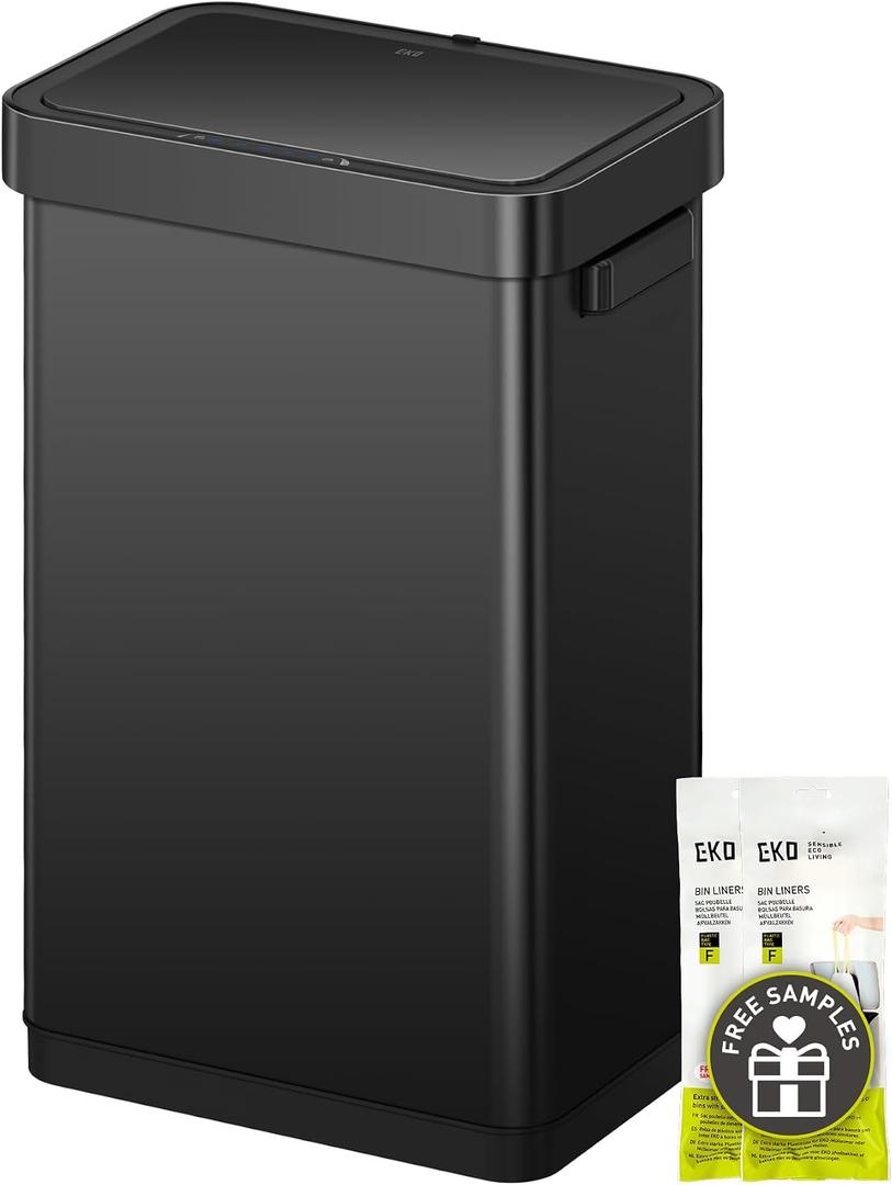 EKO Deluxe Mirage-T 50 Liter / 13.2 Gallon Touchless Rectangular Motion Sensor Trash Can, Matte Black Stainless Steel Finish