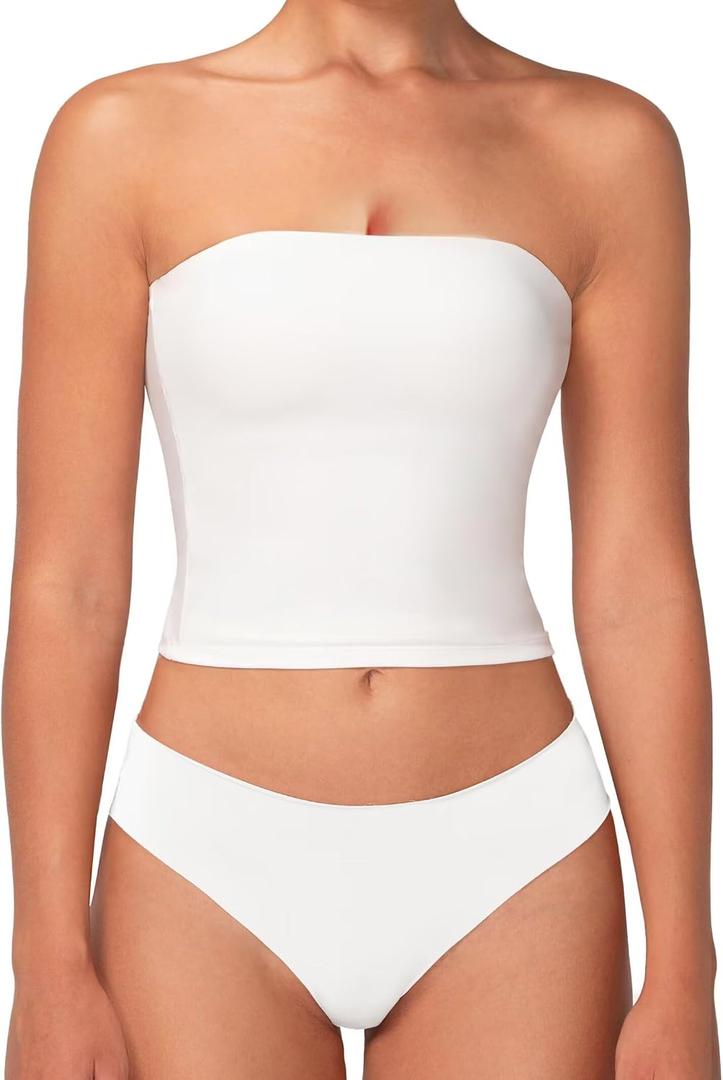 Sunzel Womens Strapless Sexy Tube Top Double Lined Sleeveless Crop Top Summer Basic Bandeau Tops for Layering or Going Out (White, S)