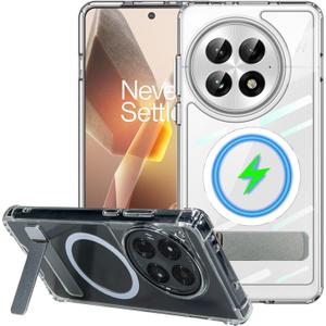 for OnePlus 13 Case Clear Compatible with MagSafe, Built-in Flat Metal Kickstand & Strong Magnetic, Thicken Bumper Frame Military Grade Protection, Anti-Yellowing Phone Cover for One Plus 13