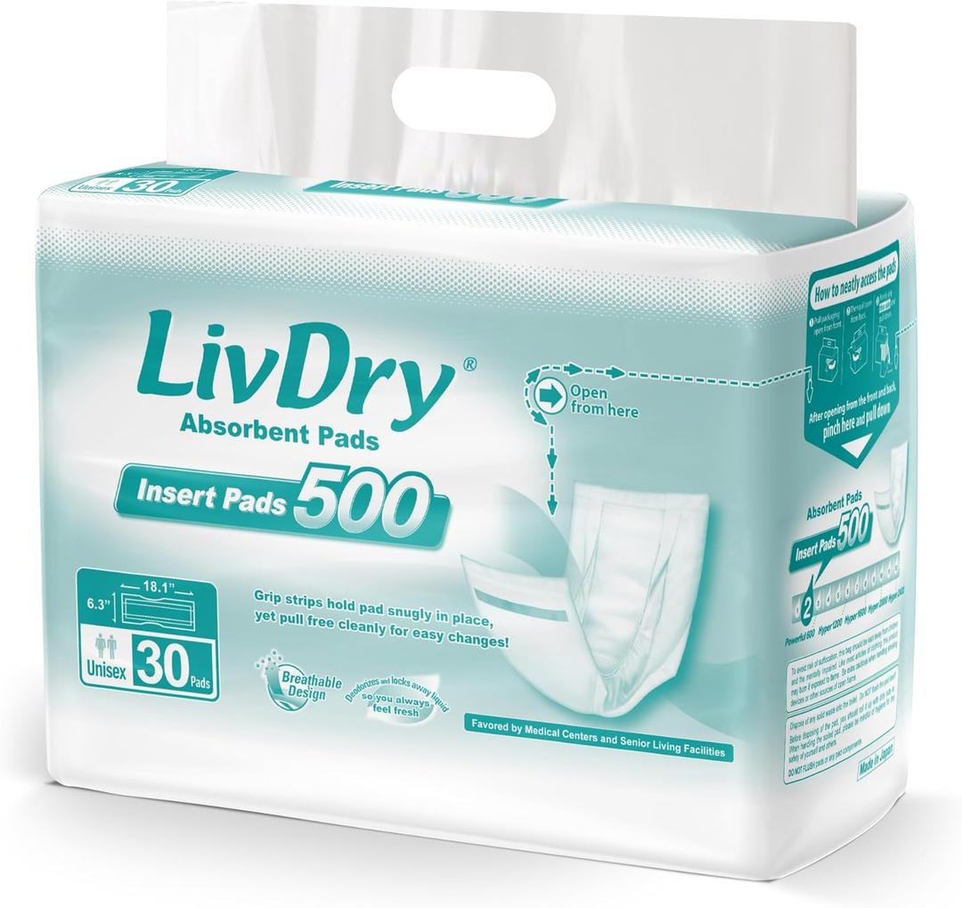 LivDry Incontinence Pads for Women and Men, Long Length Insert, Extra Absorbency with Odor Control (30 Count)