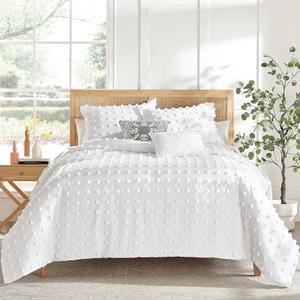 Flysheep Tufted Dots Ruffle Duvet Cover Set King Size, 3 Pieces Vintage Farmhouse Shabby Chic Ruffled Duvet Cover with Zipper Closure, Luxury Jacquard Boho Bohemian Bedding Set (White, King)
