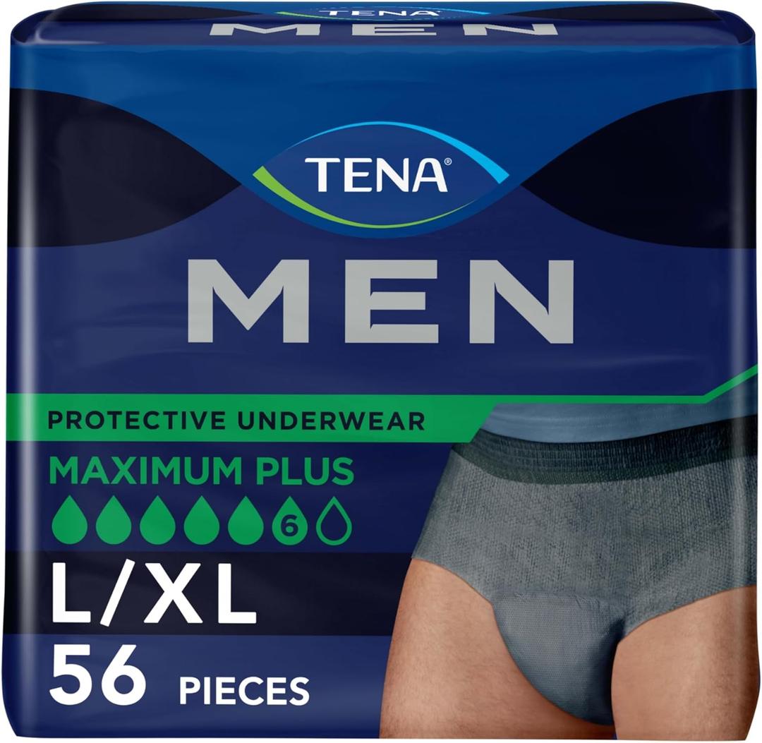 TENA Men Incontinence Underwear, Maximum Plus Absorbency, Adult Diapers, Large/X-Large (Waist Sizes 44in-64in), 56 Count (4 packs of 14)