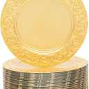 100 Pcs Gold Round Charger Plates Bulk, 13 Inch Antique Charger Plate Set Plastic Embossed Dinner Plate Reusable Plates for Table Setting Wedding Party, Gold 