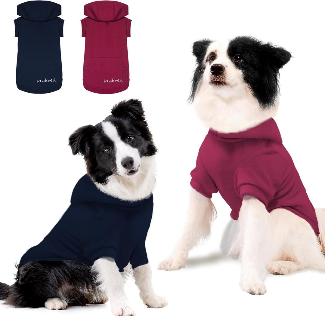 Kickred 2 Pieces Basic Dog Hoodie, Soft and Comfy Cotton and Polyester Blend Dog Sweatshirt with Leash Hole and Pocket, Keep Your Puppy Warm and Stylish - Navy Blue & Red/Sleeved (XX-Large)