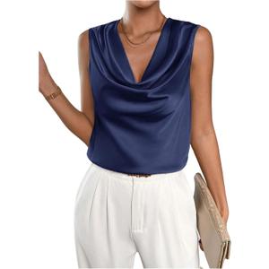 MakeMeChic Women's Satin Silk Tank Tops Cowl Neck Sleeveless Camisole Tops Dressy Shirts Cowl Blue Medium