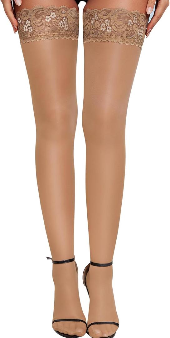RSLOVE Lace Thigh High Stockings for Women Sexy Lace Antiskid Silicone Ultra Shimmery Pantyhose (One Size, Beige)