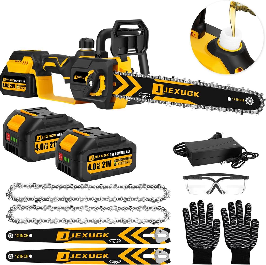 12" Brushless Cordless Chainsaw, Hand Held Cordless Chain Saw with 2 x 4.0Ah Battery, Portable Small Mini Chainsaw with 2 x Chain Guide, Electric Motosierra for Wood Cutting Tree Pruning