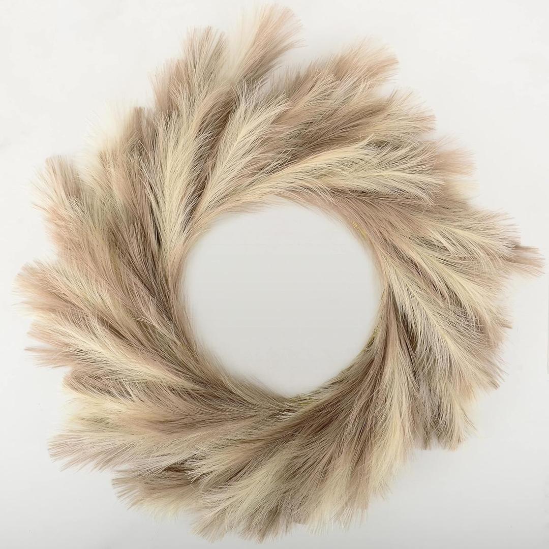 Perfnique Pampas Grass Wreath, 25'' Faux Pampas Wreath for Front Door, Artificial Pampas Wreath for All Seasons, Boho Wall Decor, Farmhouse Pampas Grass Garland, DIY Wreath Arrangement (Ivory&Taupe)