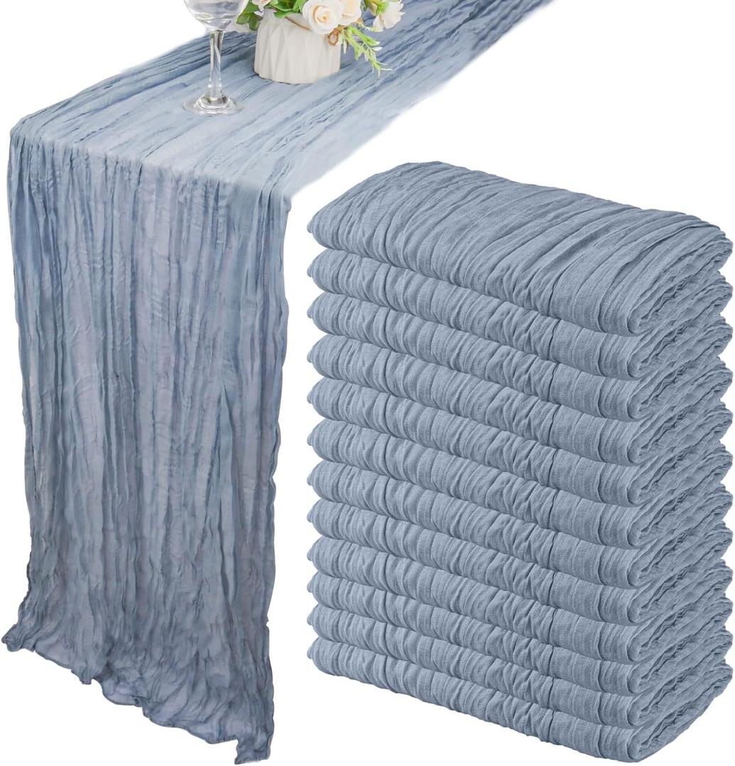 12 Pack Boho Gauze Table Runner 35x72 Inch - Rustic Cheese Cloth Long Table Runner for Wedding, Bridal Shower, Birthday Party Decor (Dusty Blue)