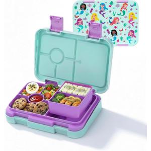 Bento Lunch Box for Kids, 6 Compartments BPA Free, Dishwasher Safe Back to School Snack Bento Lunch Containers Boxes, Ideal Portion Sizes for On-the-Go Meal, Ages 3+, School, Green Patterned