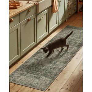 Machine Washable Rug Runners for Hallways: 2'6"x8' Kitchen Rugs Stain Resistant Non Slip Low Pile Soft Boho Carpet Runners for Hallways Bedroom Entryway Indoor Beside Bathroom Laundry Room (Dark Green)