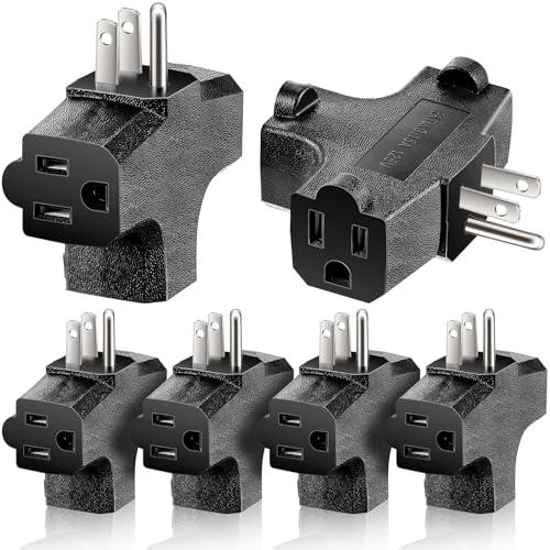 Hiboom 6 Pieces 3 Way Plug Adapter 3 Prong Outlet Splitter Power Adapter Outdoor with 15a 125v 3 Outlet Extender T Shape Heavy Duty Electrical Grounded Wall Tap (Black)