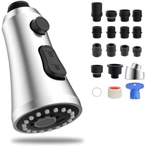 Hibbent Pull Down Kitchen Faucet Head Replacement, 3-Function Kitchen Sink Spray Nozzle with 15 Adapters, Compatible with Moen, American Standard, Delta, Kohler Faucets, Chrome