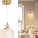 Pendant Light with Clear Striped Glass Lmapshade, Brass Vintage Pendant Light Adjustable Hanging Light for Kitchen Island Dining Room Hallway (Hardwired 1 pack)