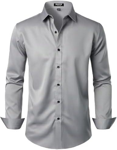 JEMITOP Men's Stretch Wrinkle Free Dress Shirt Formal Prom Wedding Long Sleeve Button Down Shirts Large, Grey 