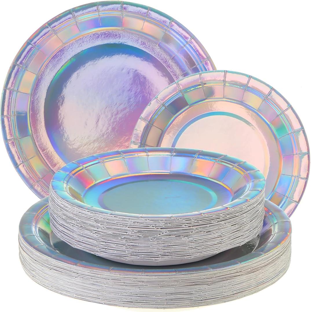 Bokon 100 Pcs Disposable Paper Plates Iridescent,7" and 9" Holographic Dessert Cake Plates Bulk Party Dinner Round Supplies for Birthday Wedding Celebration Picnic Party(Iridescent)