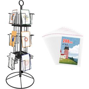 TONGMO Rotating Greeting Card Stand - Enhance Your Display with a 12-Pocket Rotating Countertop Solution for Postcards, Brochures, and Greeting Cards (7H - 12 Pockets) (Black)