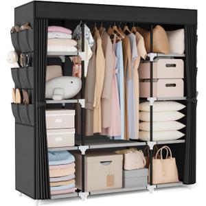 VTRIN Portable Closet Wardrobe for Hanging Clothes 57.3 Inch Large Capacity Clothes Rack with Cover, 10 Storage Organizer Shelves, 1 Hanging Rods and 6 Pockets, Free Standing Closet for Bedroom, Black