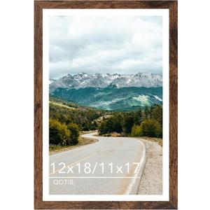 Wood 12x18 Picture Frame with 11x17 Mat, Display 11x17 with Mat or 12x18 Without Mat, Wood 12 by 18 Photo Frame, 12 x 18 Frame for Wall Hanging Display, Deep Brown