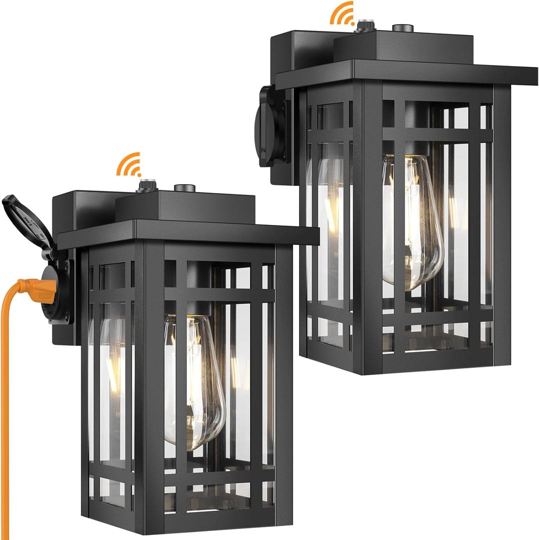 2-Pack Outdoor Porch Lights with Outlet,Dusk to Dawn Motion Modern Outdoor Wall Lights Exterior Lighting Fixtures Waterproof, Black Outside Light for House Patio Garage Hallway