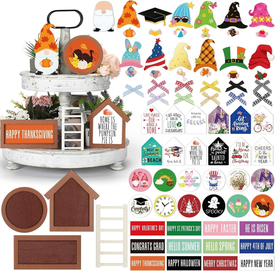 65 Pcs Fall Farmhouse Tiered Tray Decor Set Interchangeable Year Round Seasonal Tray Decorations Holiday Rustic Wooden Frames Arch Ladders Cards Bow Knot for Home Kitchen Table Decor