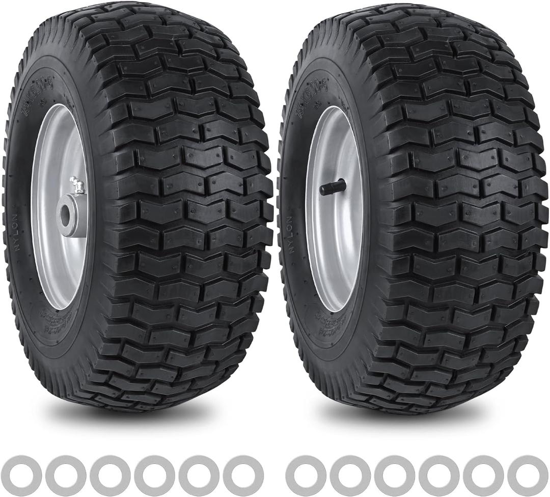 15x6.00-6nhs Lawn Mower Front Tire 4 Ply Tubeless 15x6x6 Lawn Mower 570 Lbs Tire and Wheel with 3/4" Bushing and 12 Spacers, Replacement for Garden Lawn Tractor Riding Lawn Mower, 2 Pack (Silver)