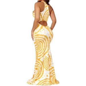 EDITCOZY Women Sexy Bodycon Maxi Dress Tie Dye Beach Summer Dresses Halter Backless Vacation Long Sundress, Yellow, L