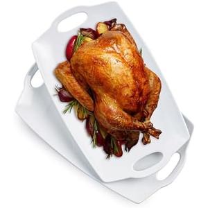 Turkey Serving Platter for Entertainment, Serving Tray with Handles Large, Party, Display, LYEOBOH 16 inch Rectangle Porcelain Platters Set of 2, White