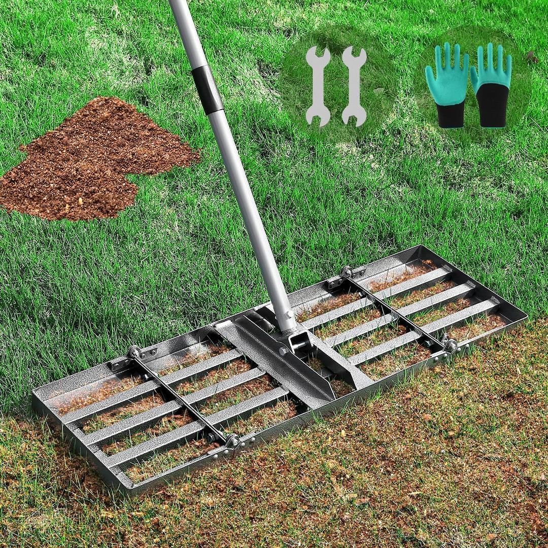 REAPALOT Lawn Leveling Rake, Lawn Leveler with Stainless Steel Long Handle, Heavy Duty Yard Level Tool for Leveling Soil, Sand Or Dirt Surfaces, Gardening Gloves Gift Included (30x10in)