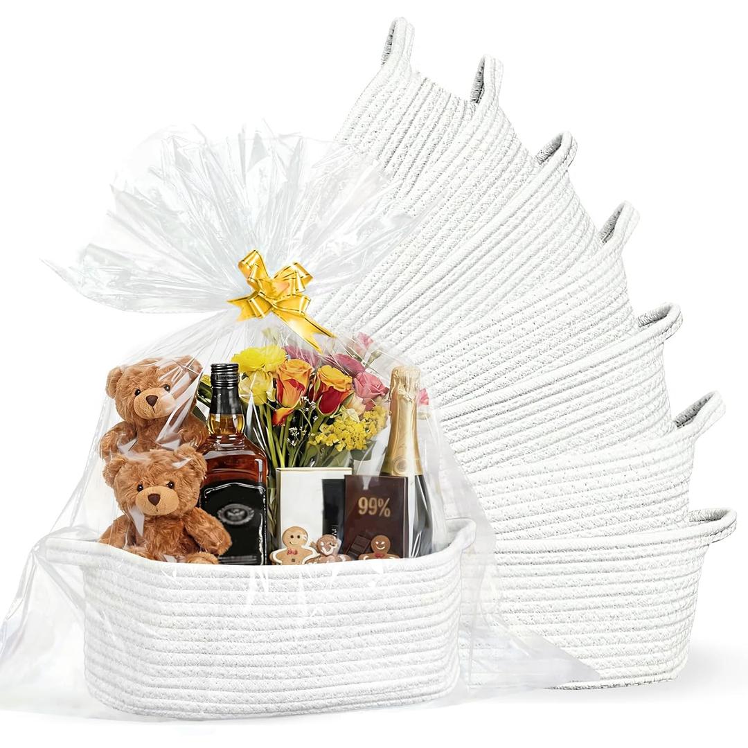 8 Pack Small Woven Baskets with Gift Bags & Ribbons & Cards, Cotton Rope Durable Storage with Handles 12"x8"x5" Empty Gift Baskets for Mother's Day, Baby Shower, Birthdays & Raffle (White)