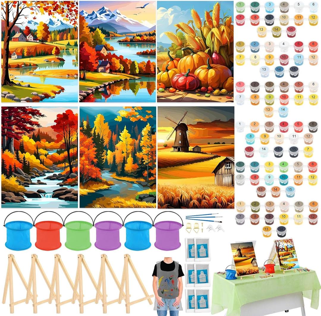 Gersoniel 6 Sets Fall Paint by Numbers Kit for Adults, 16x12 Inch Fall Forest Autumn Landscape Paint by Number DIY Framed Canvas for Home Wall Thanksgiving Decor