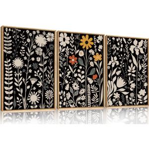 HOURIA Large Moody Boho Floral Framed Canvas Wall Art Set,Mid Century Black Flower Leaf Wall Decor,Retro Dark Wildflower Artwork,Minimalist Botanical Art Print for Living Room,Bedroom,Office-24"x36"x3