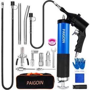 Pneumatic Grease GunKit 6000 PSI Heavy Duty 14 OZ Pistol Grip Grease Guns with 19" & 28" Spring Flex Hose,Quick Release Coupler,90 Degree Adapter,2 Needle Tips,2 Nozzles,2 Extension Tubes
