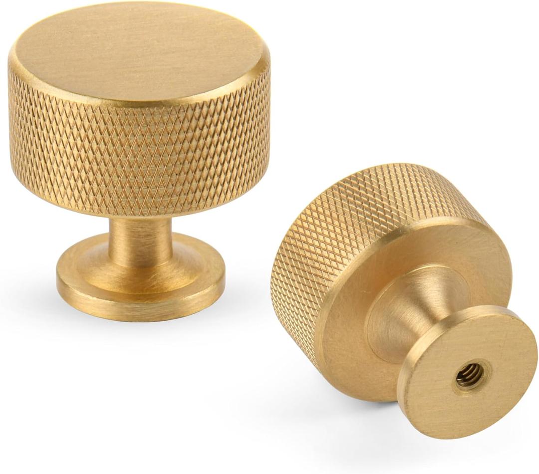 2 Pack Brushed Gold Solid Brass Kitchen Cabinet Knobs,Drawer Pulls, 1.1 Inch 27mm Diameter, Modern Furniture Handles for Cupboard Wardrobe(Modern Reticulation)