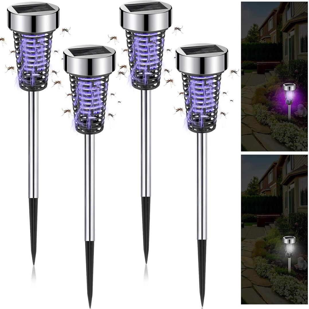 Qualirey 4 Pack Solar Bug Zapper Outdoor Waterproof Mosquito Repellent Killer Bug Zapper Lamp with LED Light for Outdoor Garden Patio Yard (Purple Light,Silver)