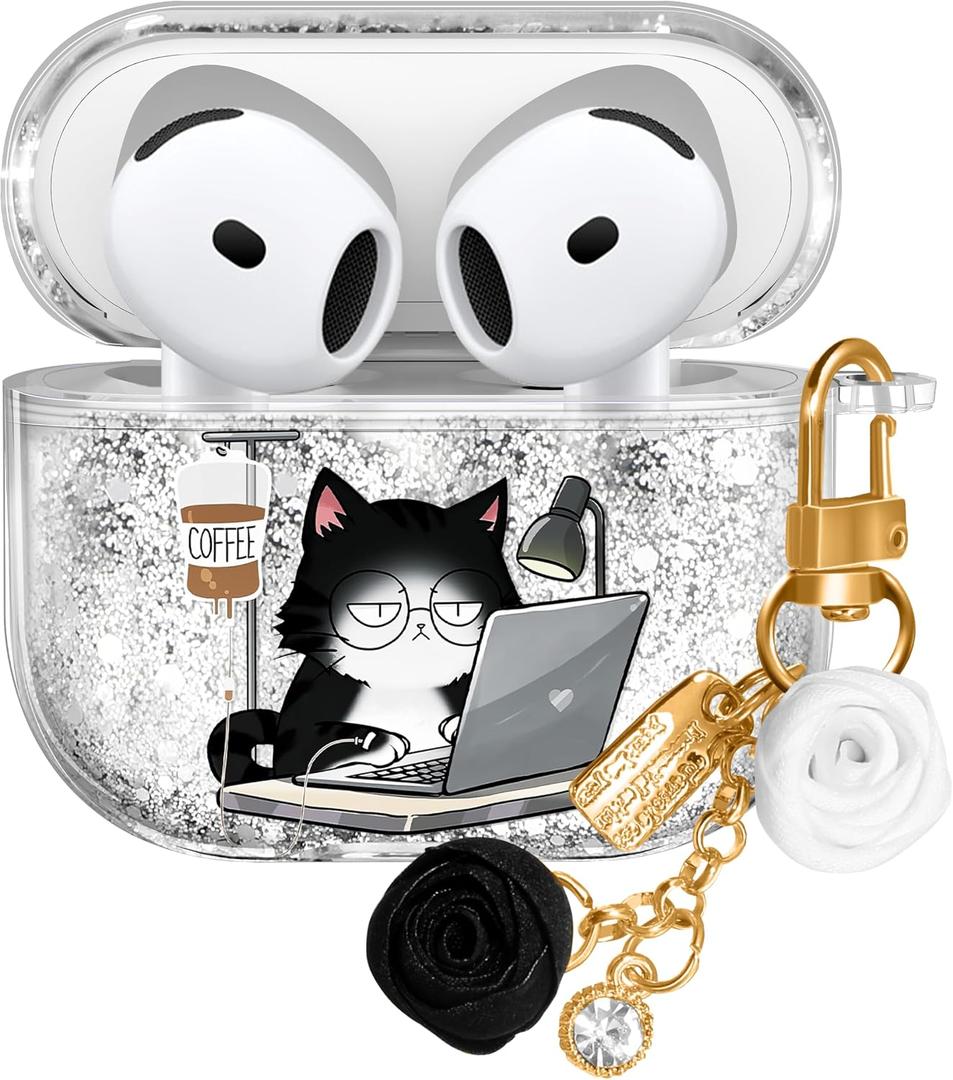 for Apple for Airpods 4 Case 2024 - Quicksand Liquid Animal Kawaii Cute Fun Funny Mujer Girl Women Sparkling Sparkle Glitter Bling Sparkly Black Cat Keychain Girly for Airpod 4 Case Cover