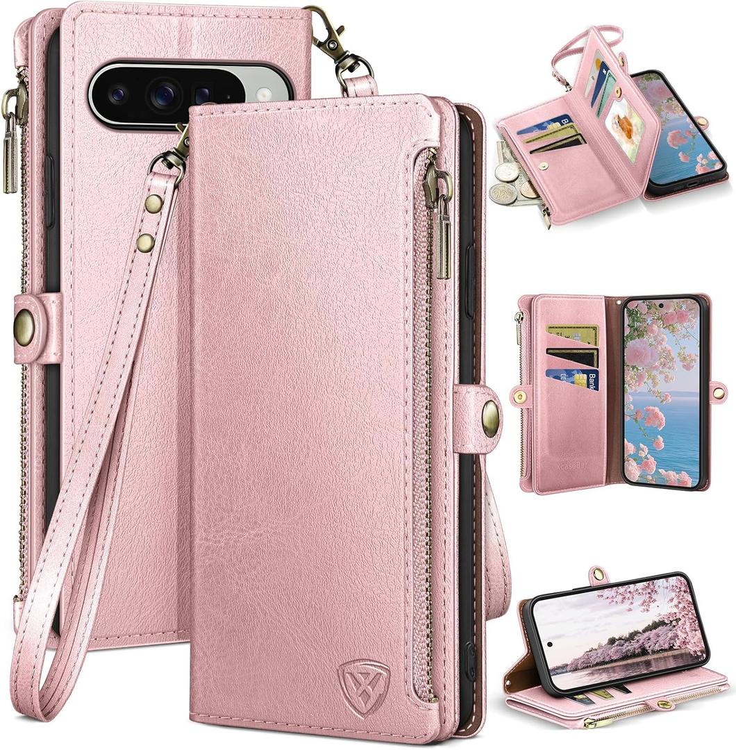 XcaseBar Compatible with Google Pixel 10/10 Pro 6.3" Wallet case with Zipper Credit Card HolderRFID Blocking,Flip Folio Book PU Phone case Shockproof Cover Women Men for Pixel 10 case Rose Gold