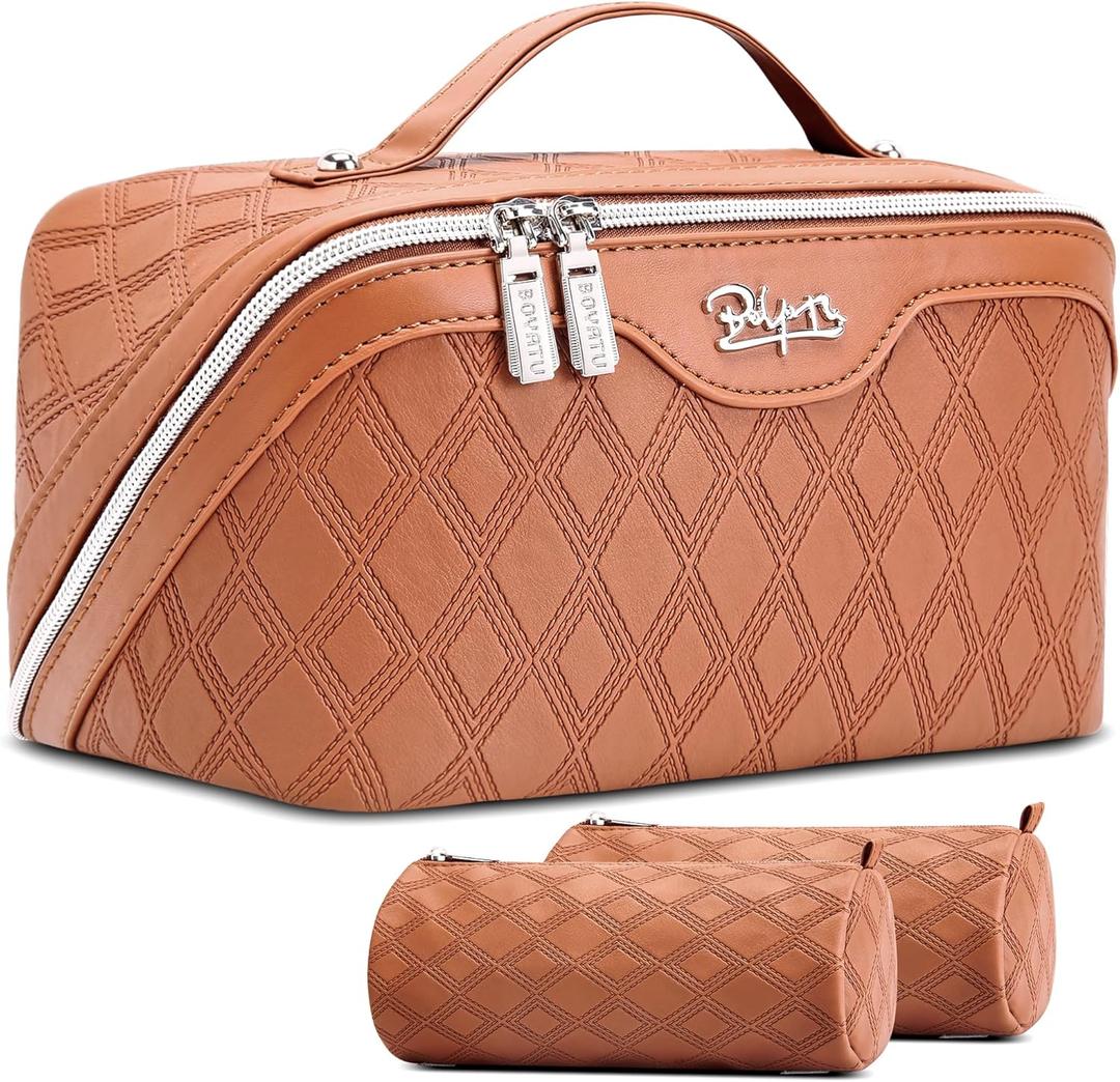 BOYATU Travel Makeup Bag for Women: Large Capacity 3-Piece Quilted Cosmetic & Toiletry Organizer - 2 Detachable Pouches Expand Storage by 50%, Open Flat for Easy Packing, Waterproof PU Leather(Brown)