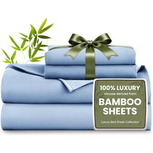Love's cabin 4 Piece Queen Sheet Set, 100% Rayon Derived from Bamboo, Cooling & Breathable, Soft Silky Deep Pocket up to 16", Hotel Luxury Bedding for Hot Sleepers, Mineral Blue