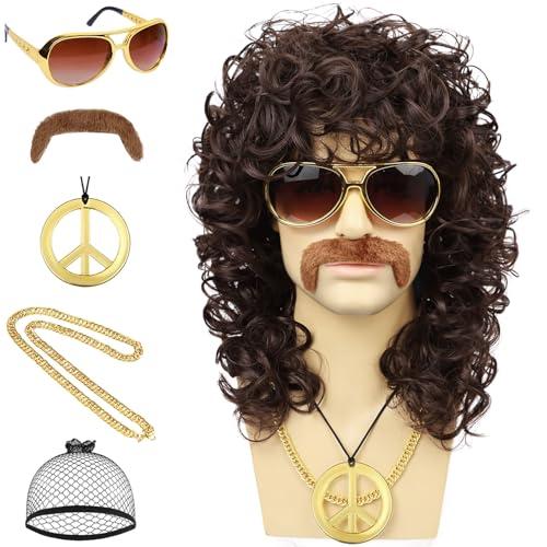 Wallden Hair 70s Mens Brown Wig+Glasses+Golden Chain+Peace Sign Necklace+Mustache+Wig Cap Long Curly Funny Synthetic Wigs for Retro Outfit Men Party Hippies Rocker Costume Cosplay Halloween（6pcs Set）